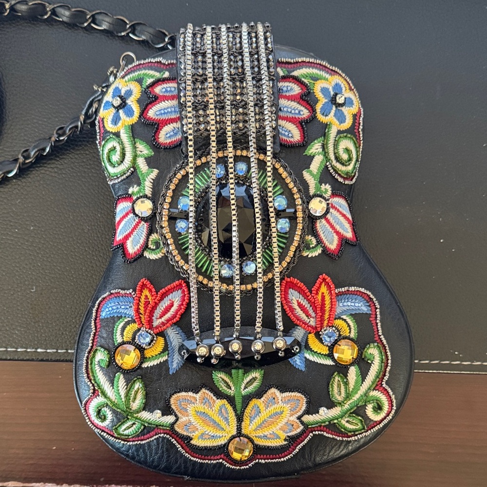 Mary Frances Black Guitar-Shaped Clutch with Floral Embroidery